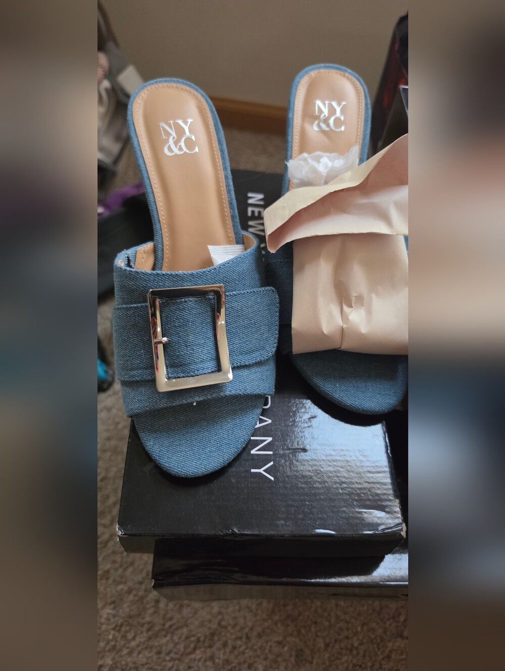 New York & Company denim wedge mule sandals